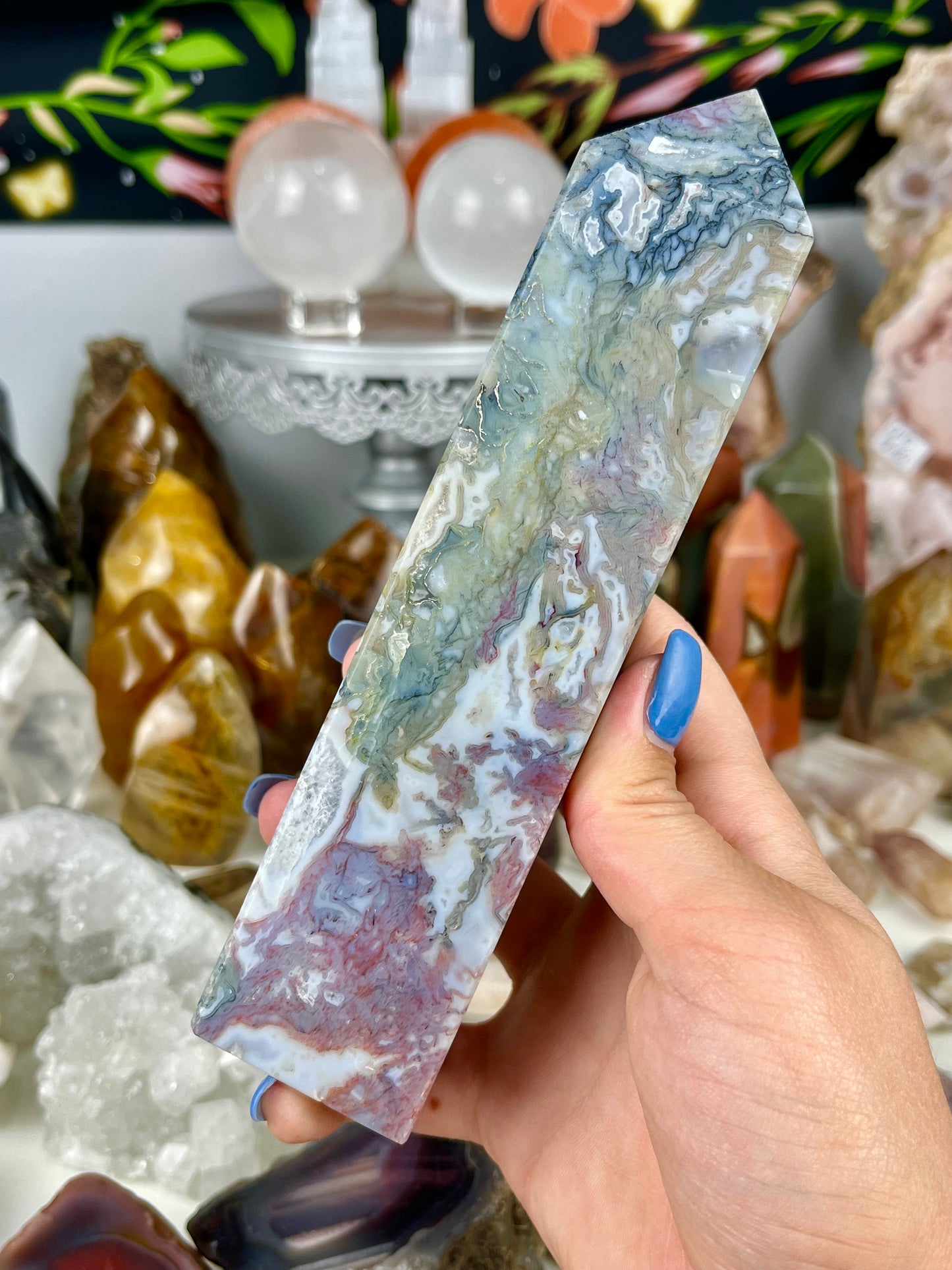 Red Rainbow Moss Agate Tower