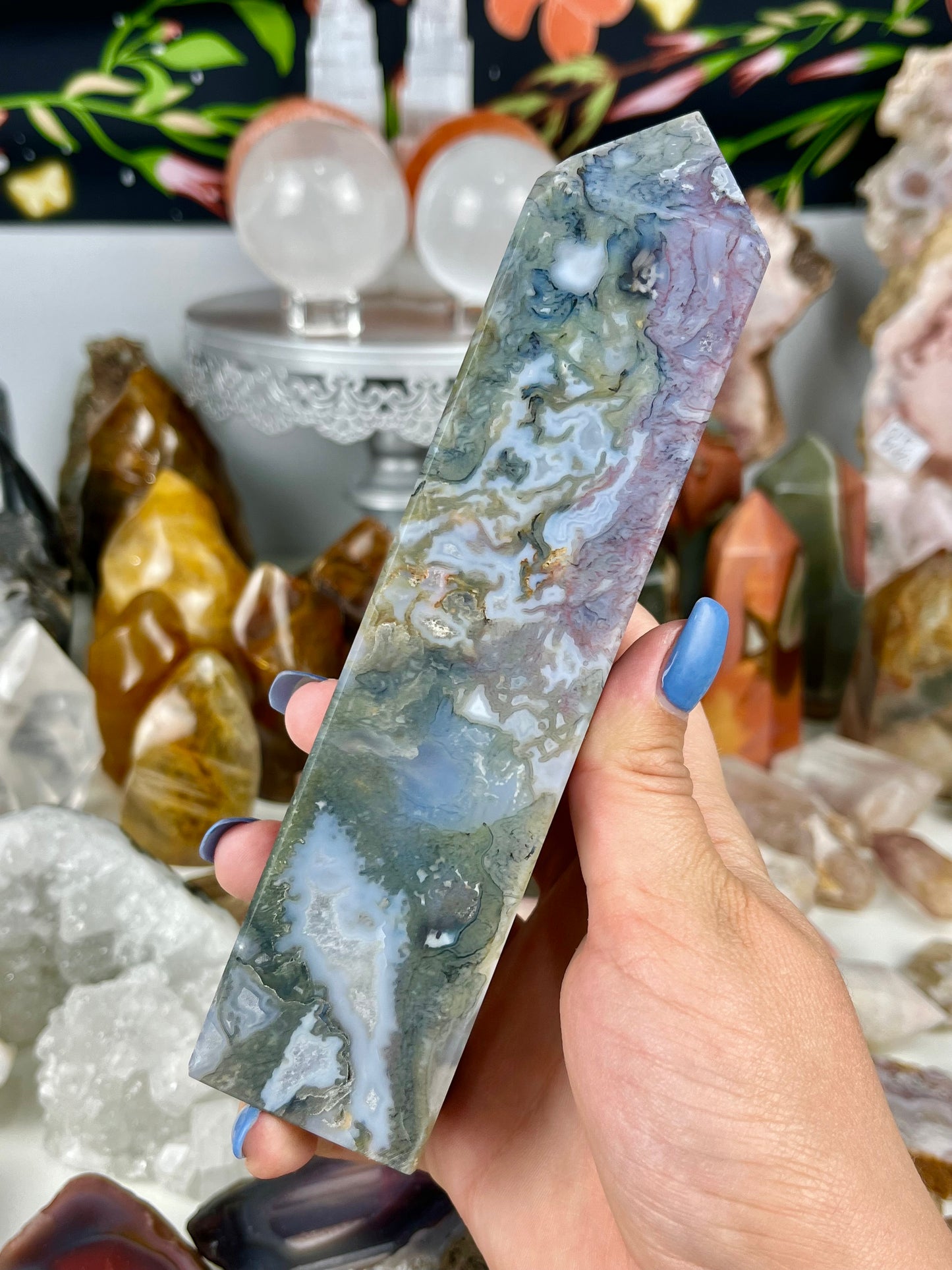Red Rainbow Moss Agate Tower