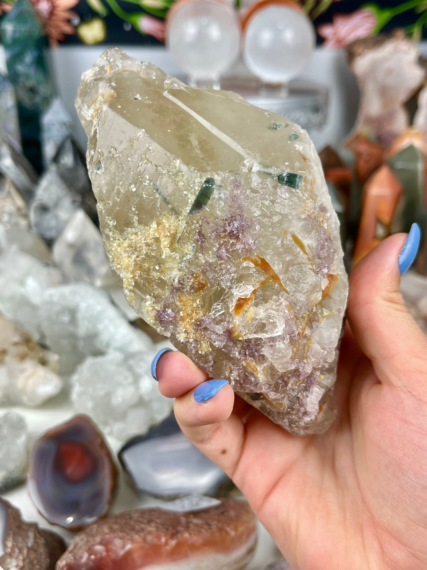 Blue and Orange Tourmaline with Lepidolite in Smoky Quartz