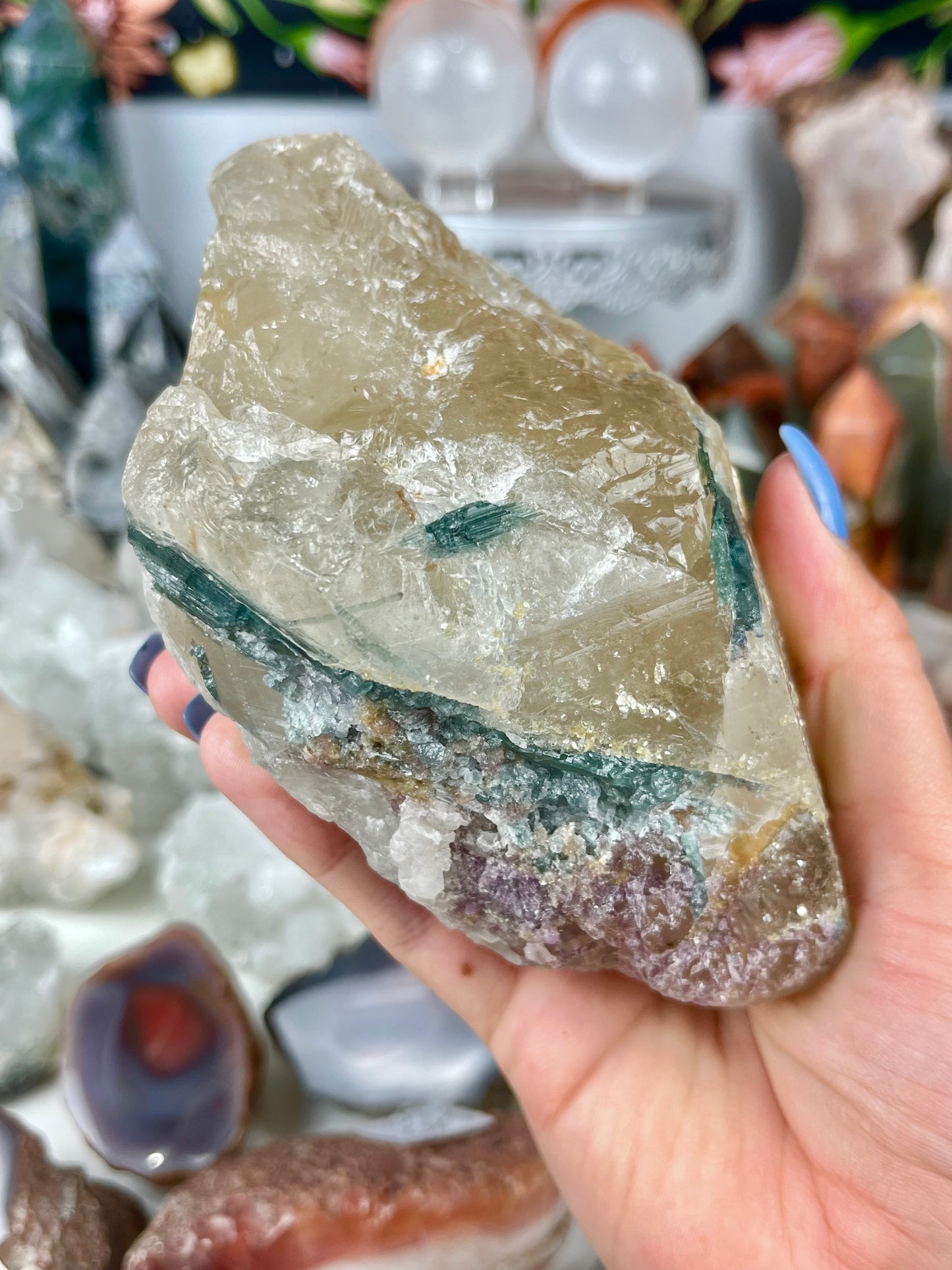 Blue and Orange Tourmaline with Lepidolite in Smoky Quartz