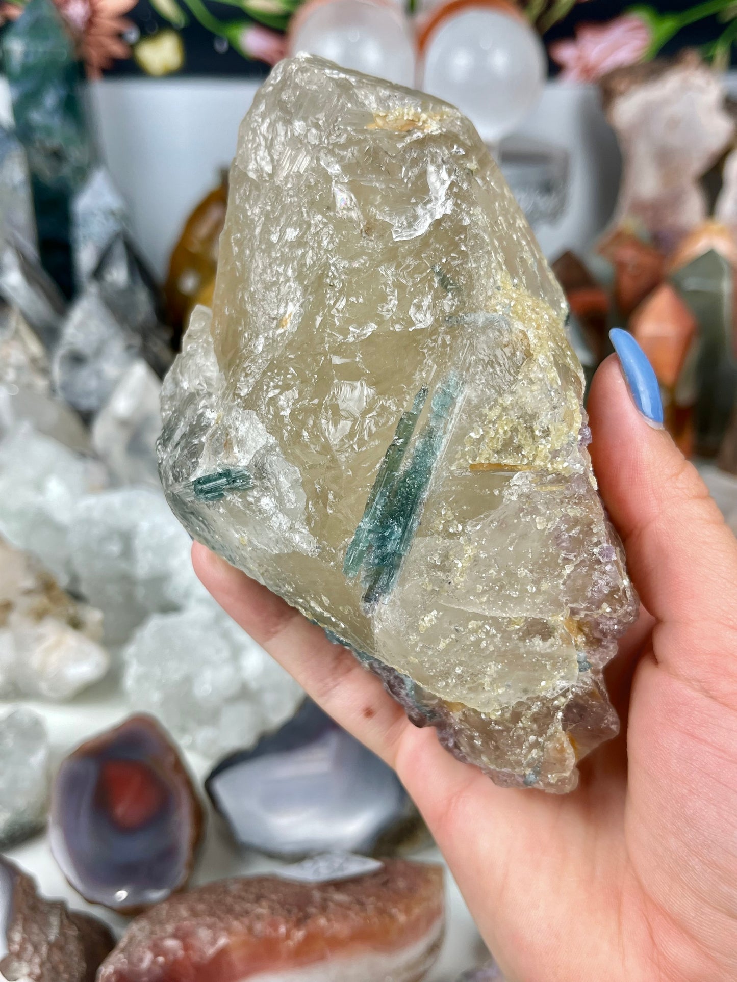 Blue and Orange Tourmaline with Lepidolite in Smoky Quartz